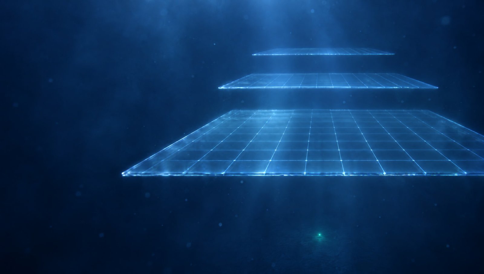 Three floating glass planes with grids of light seen from the side, receding into deep blue haze toward a single green point of light.
