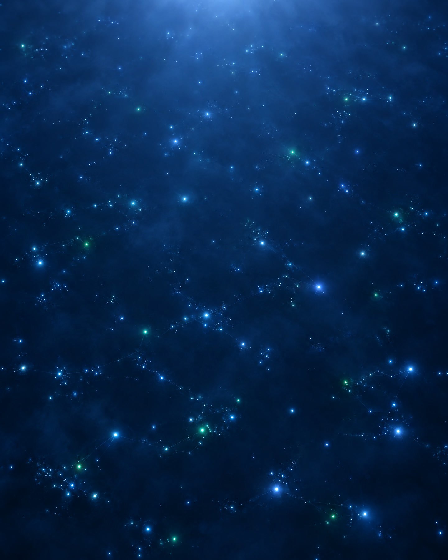 Many soft points of light scattered across deep navy, seen from above, a few of them green.