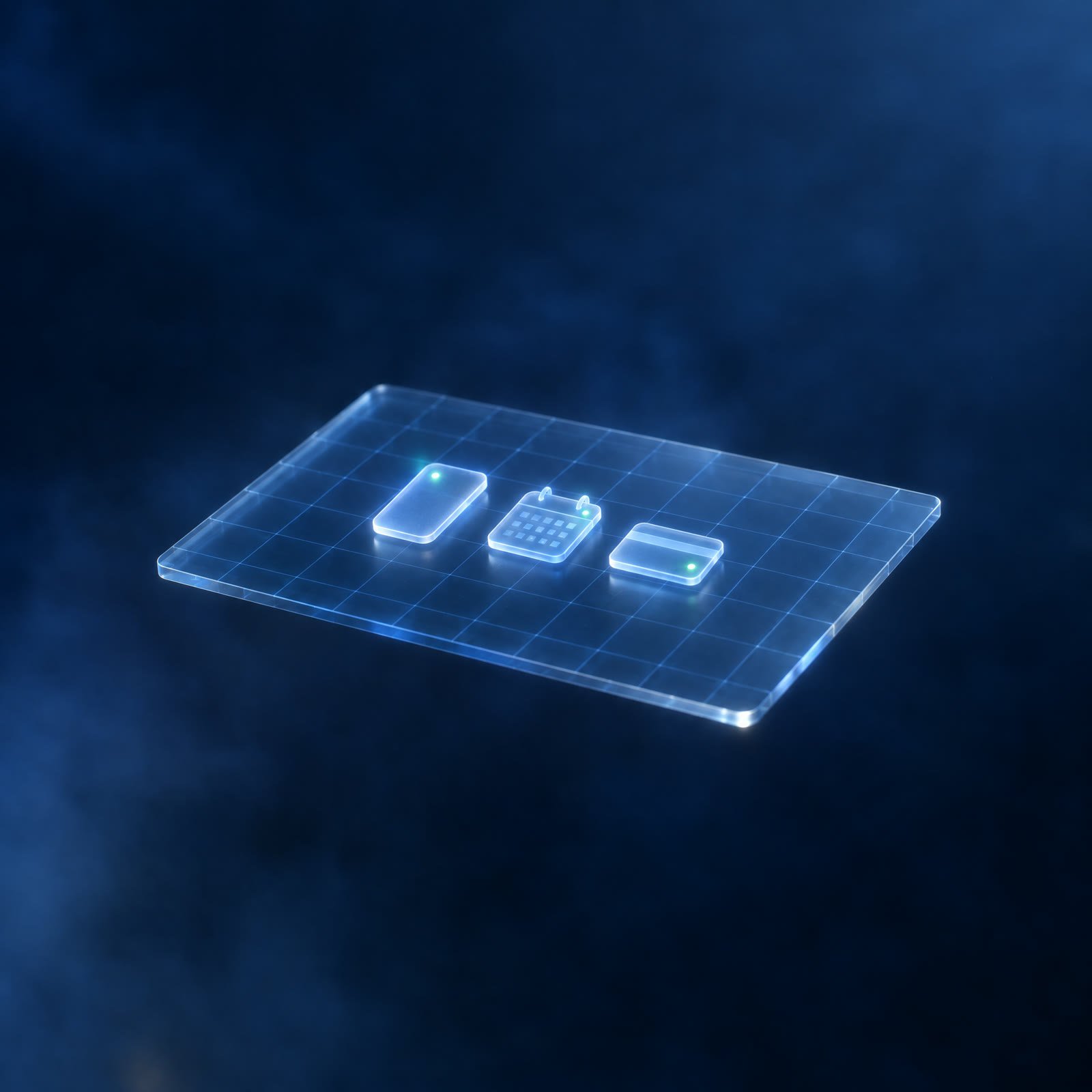 A small glass plane floating in navy space, carrying three simple shapes of light: a phone screen, a calendar and a card, each with a green point of light.
