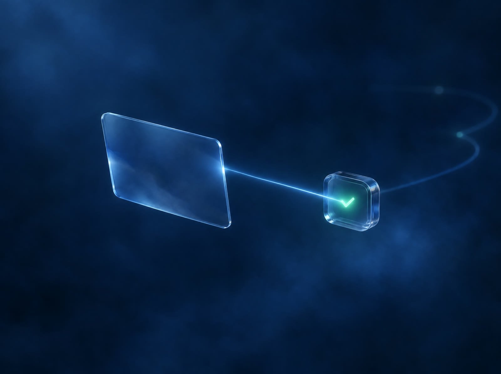 A glass card and a small terminal joined by a line of light ending in a green check.