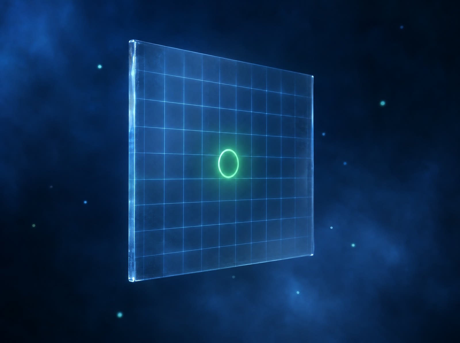 A glass plane of light with a steady green ring glowing at its centre.