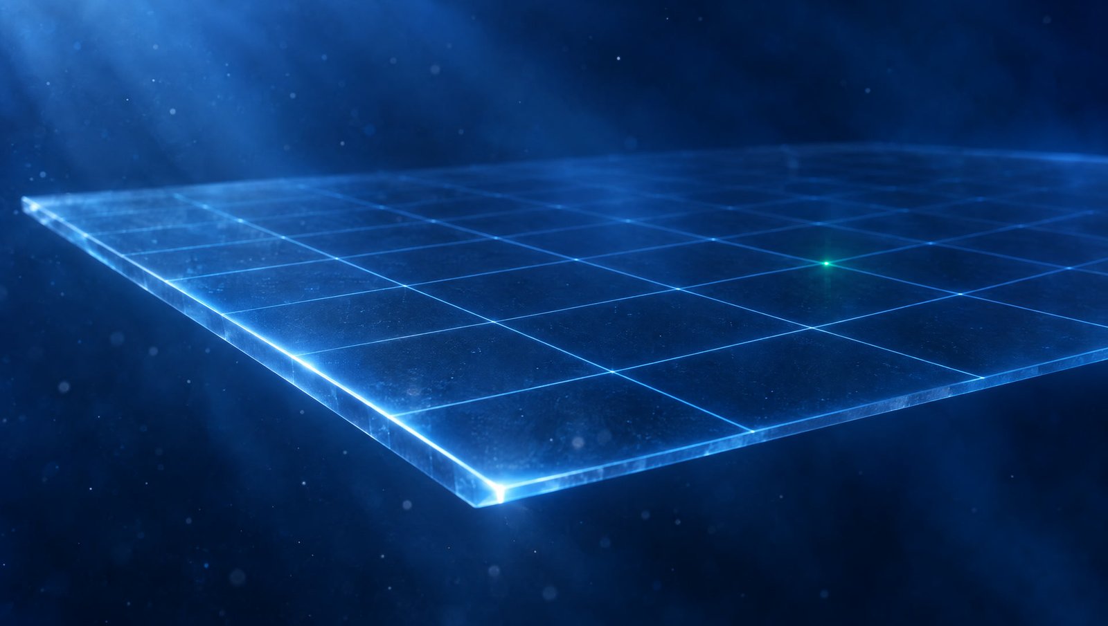 A single translucent glass plane etched with a grid of pale blue light, floating in deep navy space.